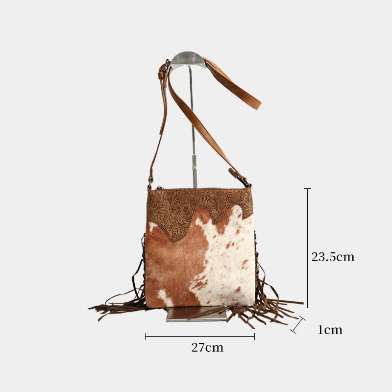 Bolso bandolera con flecos y estampado de vaca bohemio para mujer