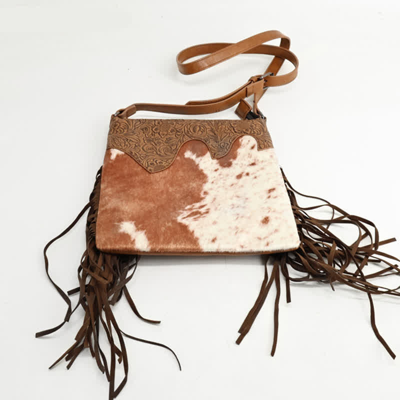 Bolso bandolera con flecos y estampado de vaca bohemio para mujer