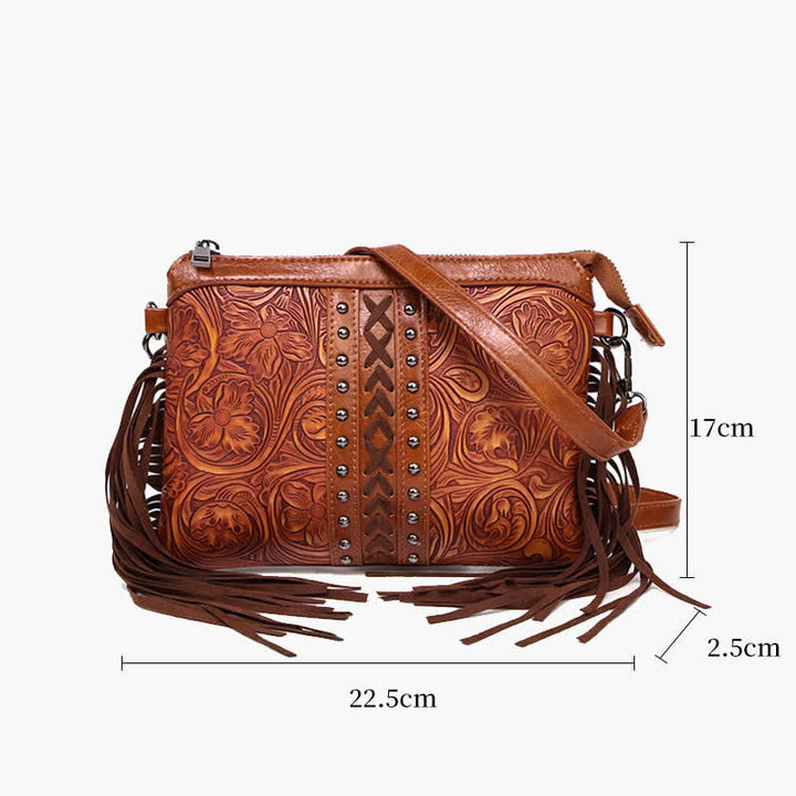 Bolso bandolera con flecos y estampado floral bohemio grabado para mujer