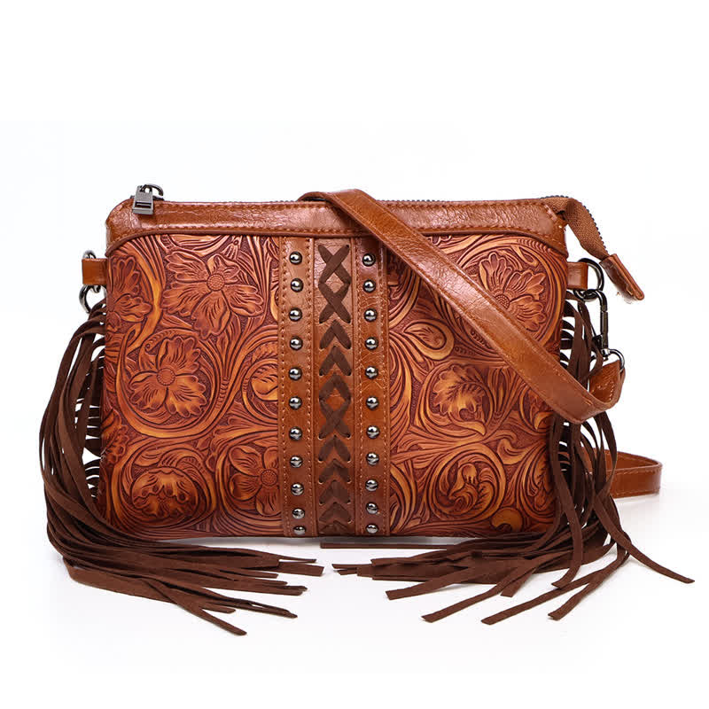 Bolso bandolera con flecos y estampado floral bohemio grabado para mujer
