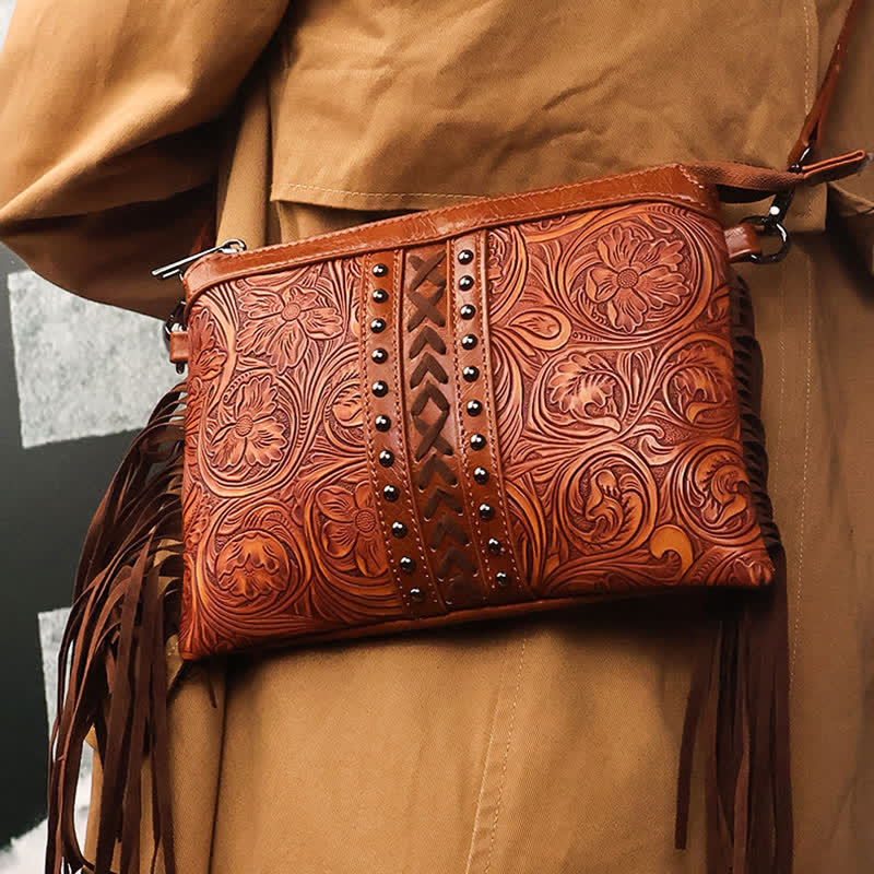 Bolso bandolera con flecos y estampado floral bohemio grabado para mujer