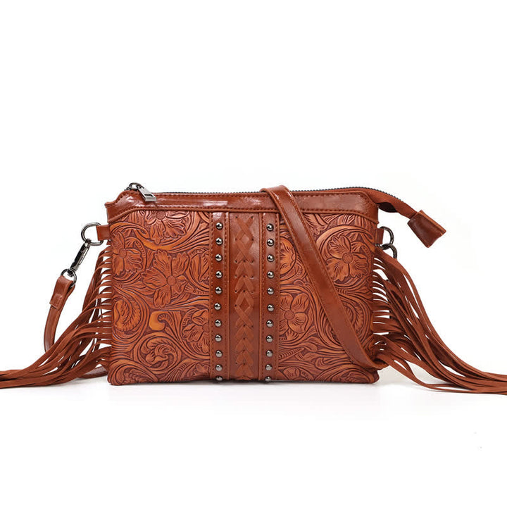 Bolso bandolera con flecos y estampado floral bohemio grabado para mujer