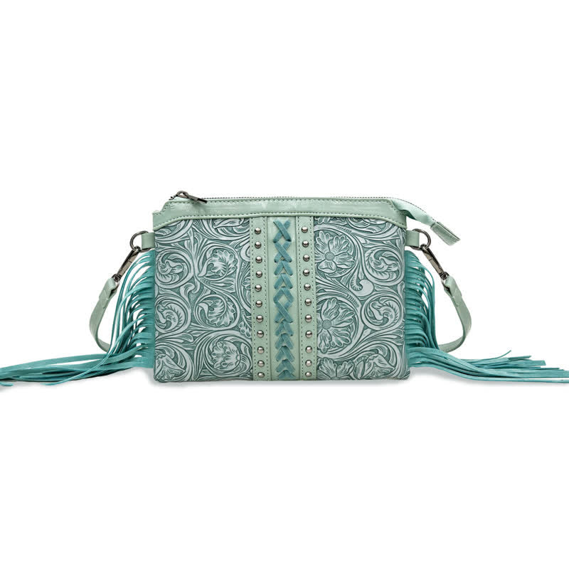 Bolso bandolera con flecos y estampado floral bohemio grabado para mujer
