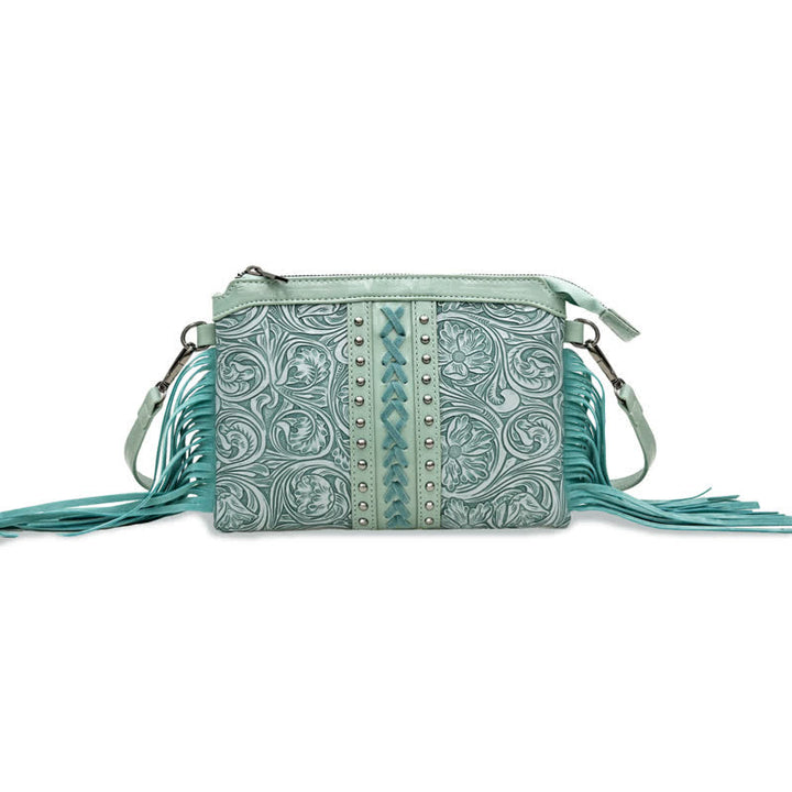 Bolso bandolera con flecos y estampado floral bohemio grabado para mujer