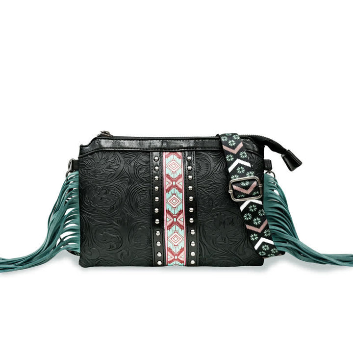 Bolso bandolera con flecos y estampado floral bohemio grabado para mujer