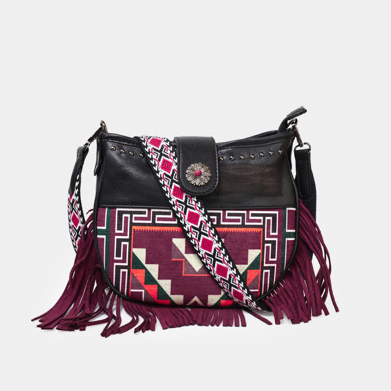 Bolso bandolera con flecos y motivos aztecas nativos para mujer