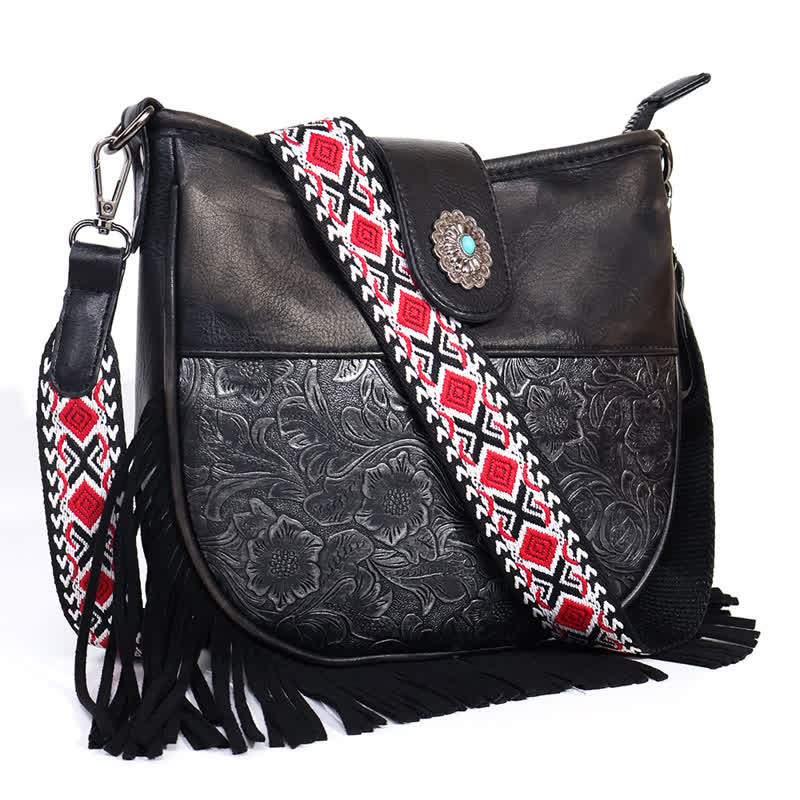 Bolso bandolera con flecos y motivos aztecas nativos para mujer