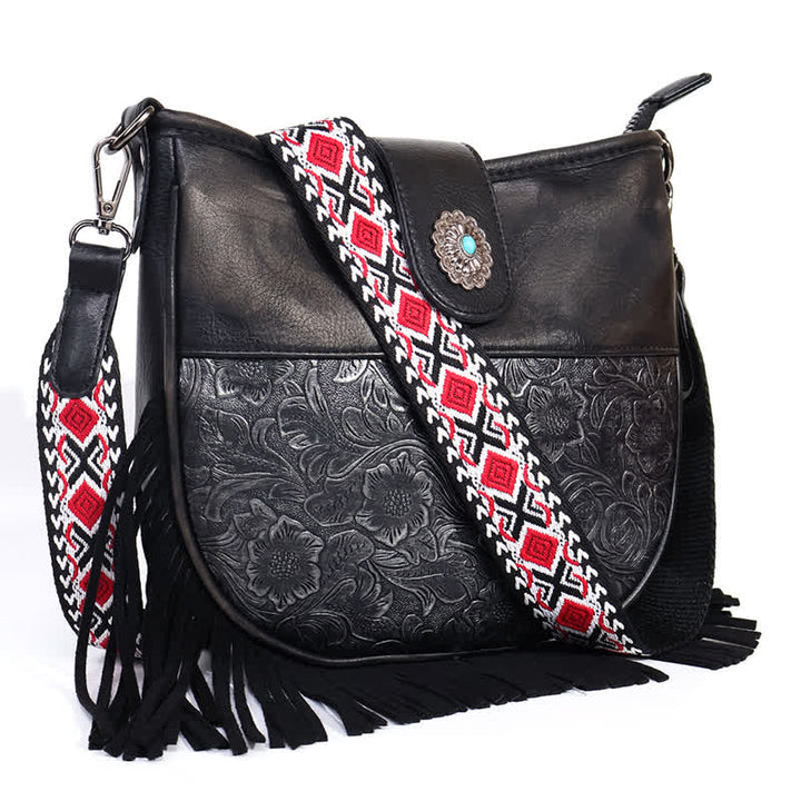 Bolso bandolera con flecos y motivos aztecas nativos para mujer