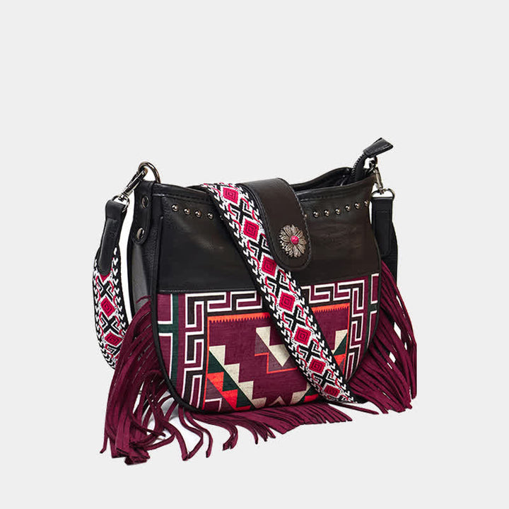 Bolso bandolera con flecos y motivos aztecas nativos para mujer