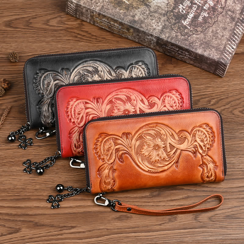 Elegante cartera larga de cuero con diseño floral para mujer con correa para la muñeca