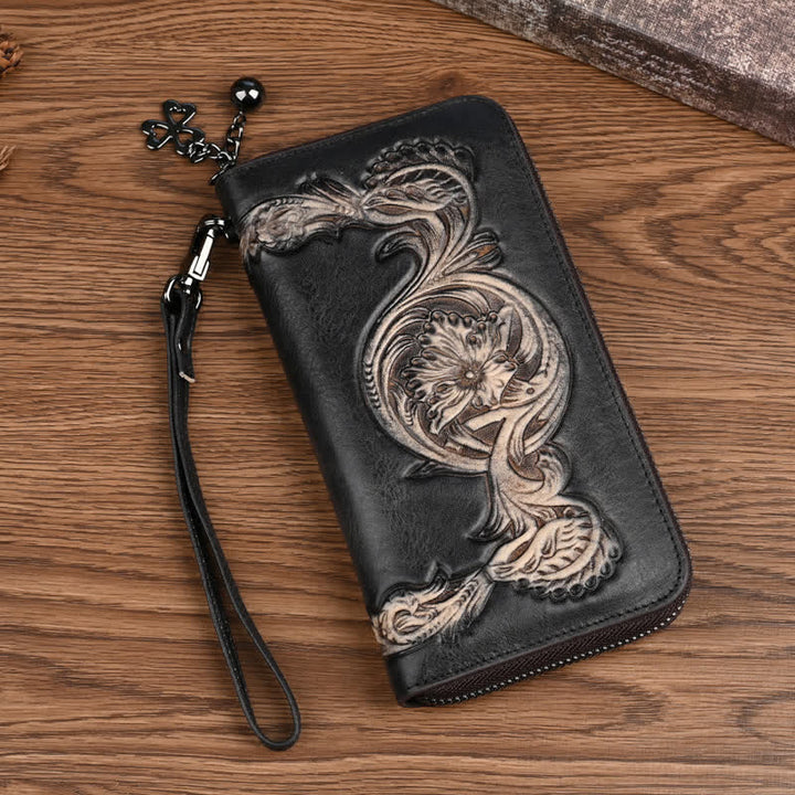 Elegante cartera larga de cuero con diseño floral para mujer con correa para la muñeca