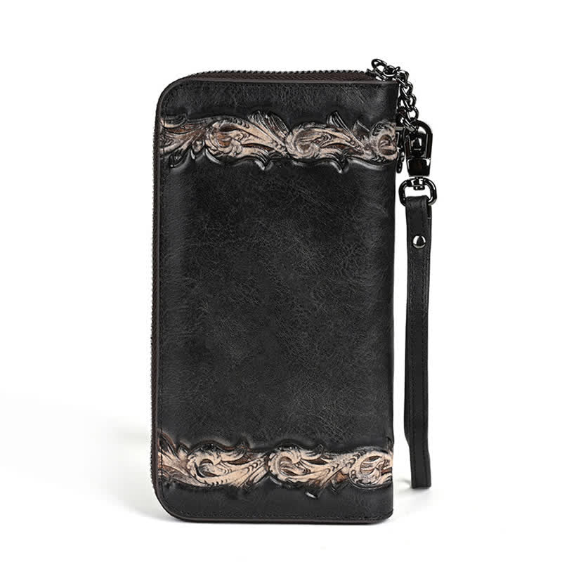 Elegante cartera larga de cuero con diseño floral para mujer con correa para la muñeca