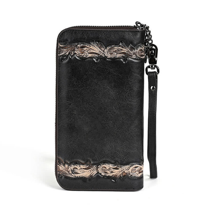 Elegante cartera larga de cuero con diseño floral para mujer con correa para la muñeca