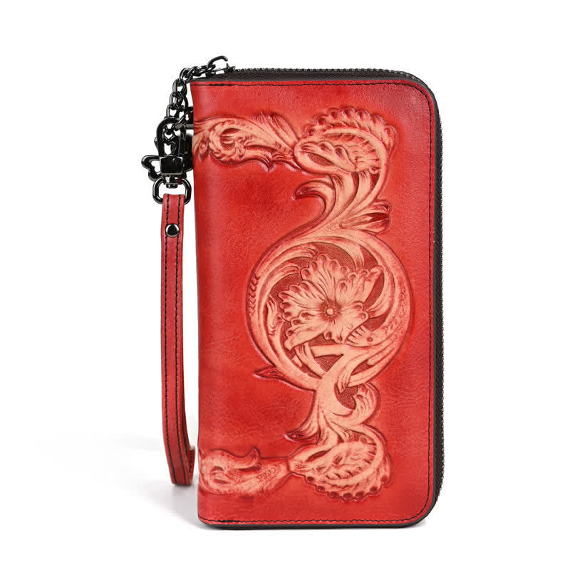 Elegante cartera larga de cuero con diseño floral para mujer con correa para la muñeca