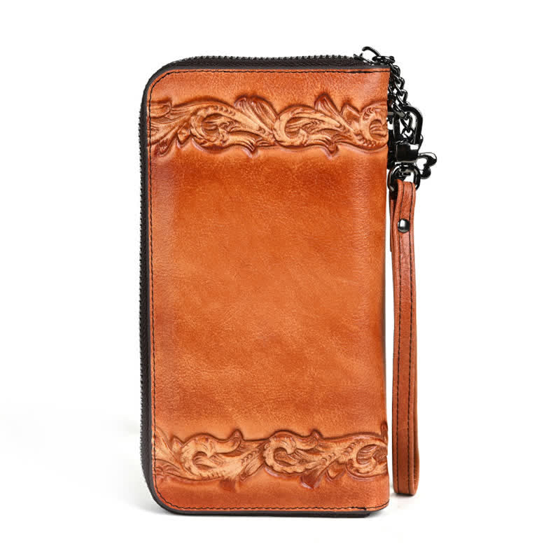 Elegante cartera larga de cuero con diseño floral para mujer con correa para la muñeca