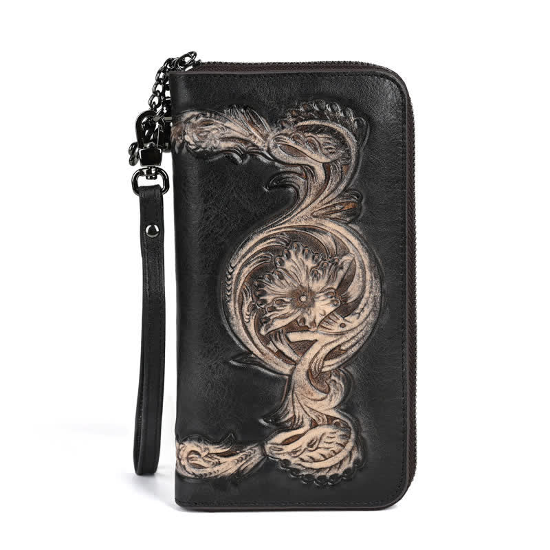 Elegante cartera larga de cuero con diseño floral para mujer con correa para la muñeca