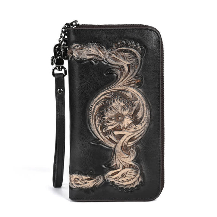 Elegante cartera larga de cuero con diseño floral para mujer con correa para la muñeca
