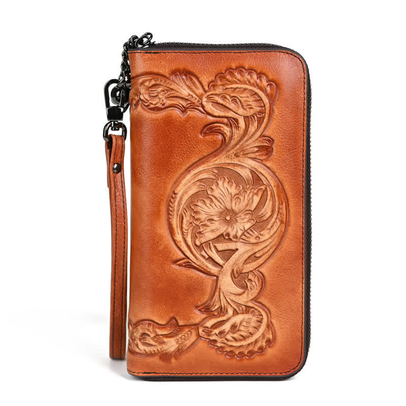 Elegante cartera larga de cuero con diseño floral para mujer con correa para la muñeca