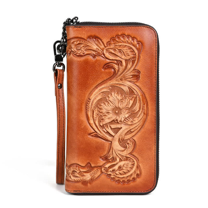 Elegante cartera larga de cuero con diseño floral para mujer con correa para la muñeca