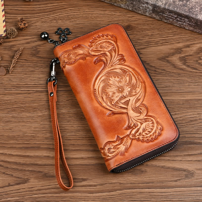 Elegante cartera larga de cuero con diseño floral para mujer con correa para la muñeca