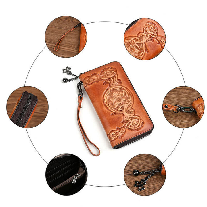 Elegante cartera larga de cuero con diseño floral para mujer con correa para la muñeca