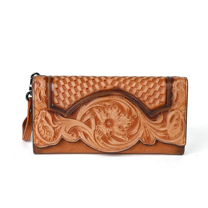 Cartera larga de cuero con tres pliegues y diseño floral para mujer con correa para la muñeca
