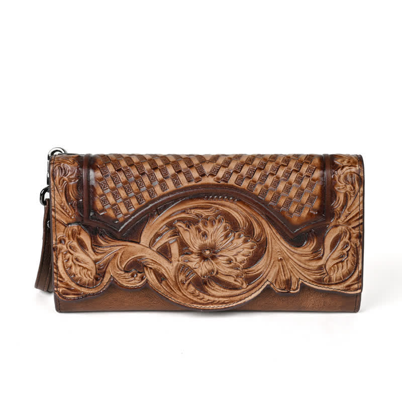Cartera larga de cuero con tres pliegues y diseño floral para mujer con correa para la muñeca