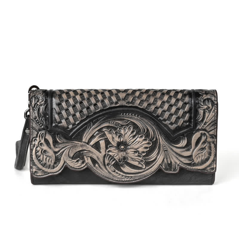 Cartera larga de cuero con tres pliegues y diseño floral para mujer con correa para la muñeca