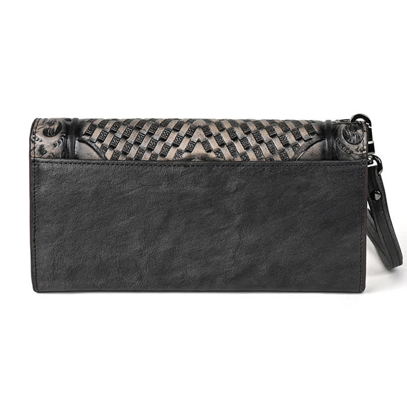 Cartera larga de cuero con tres pliegues y diseño floral para mujer con correa para la muñeca