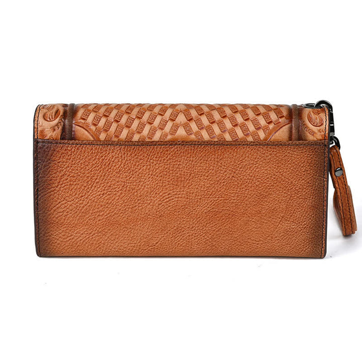 Cartera larga de cuero con tres pliegues y diseño floral para mujer con correa para la muñeca