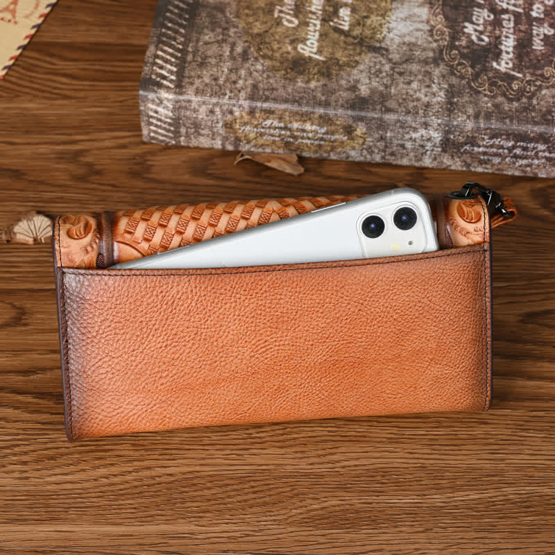 Cartera larga de cuero con tres pliegues y diseño floral para mujer con correa para la muñeca