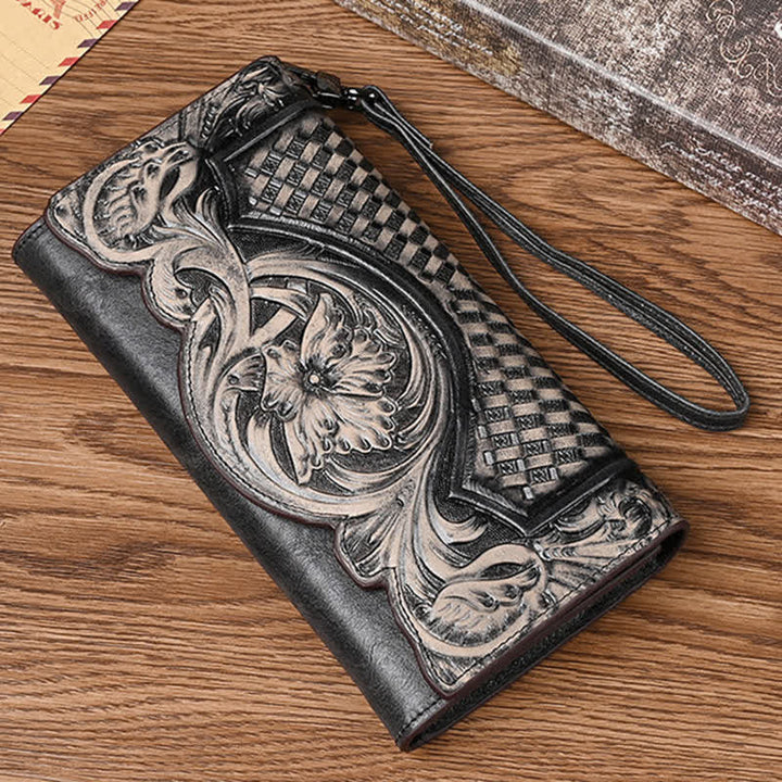 Cartera larga de cuero con tres pliegues y diseño floral para mujer con correa para la muñeca
