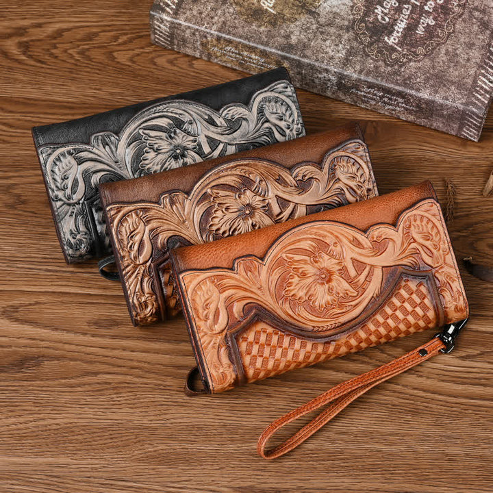 Cartera larga de cuero con tres pliegues y diseño floral para mujer con correa para la muñeca