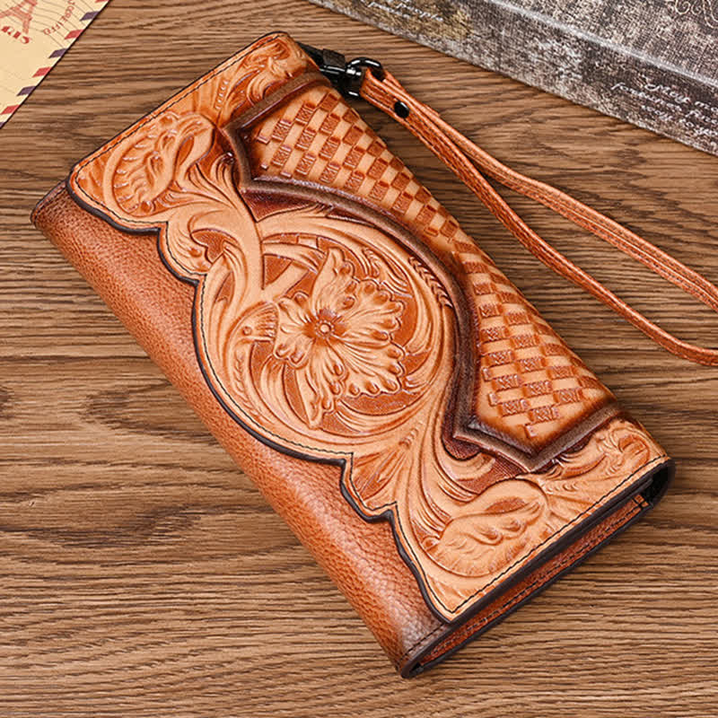 Cartera larga de cuero con tres pliegues y diseño floral para mujer con correa para la muñeca
