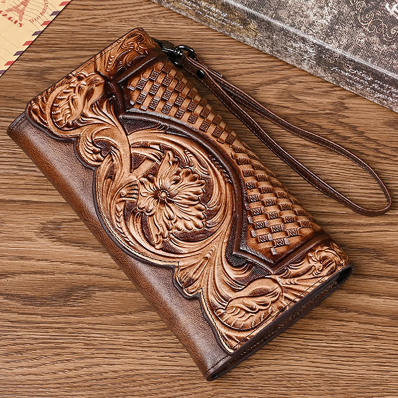 Cartera larga de cuero con tres pliegues y diseño floral para mujer con correa para la muñeca