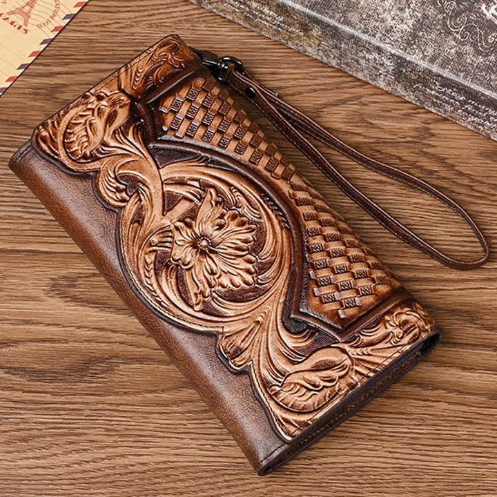Cartera larga de cuero con tres pliegues y diseño floral para mujer con correa para la muñeca