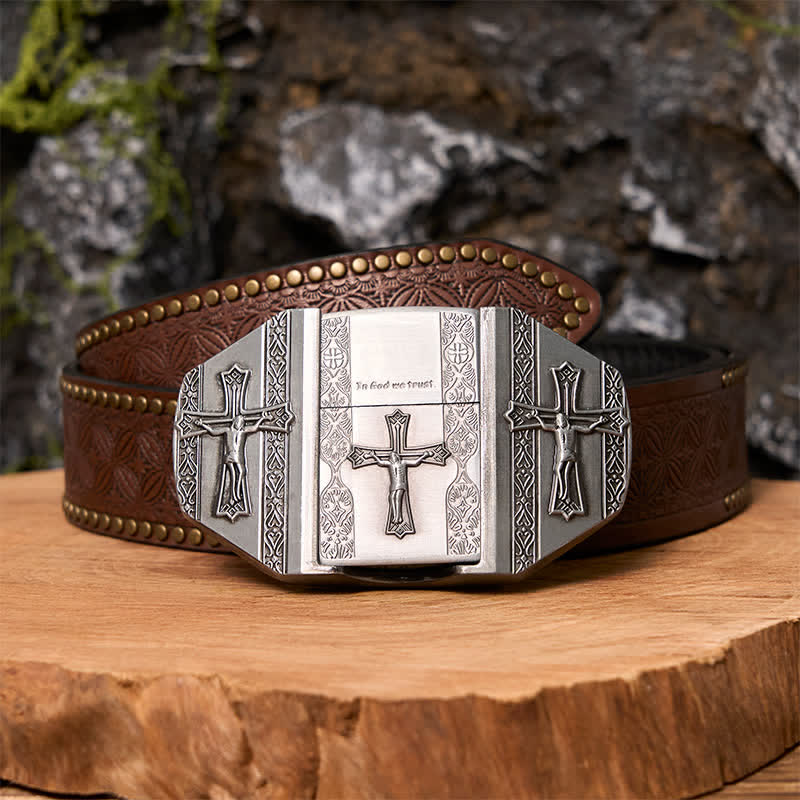 Cinturón de cuero con cruz de Jesús para hombre, hecho a mano, con encendedor oculto