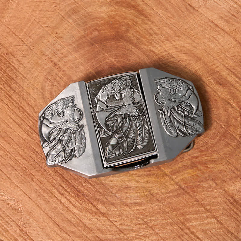 Cinturón de cuero con triple águila plateada para hombre, hecho a mano, con encendedor oculto