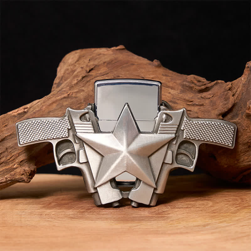 Cinturón de cuero con dos pistolas y estrellas para hombre, con encendedor oculto, hecho a mano