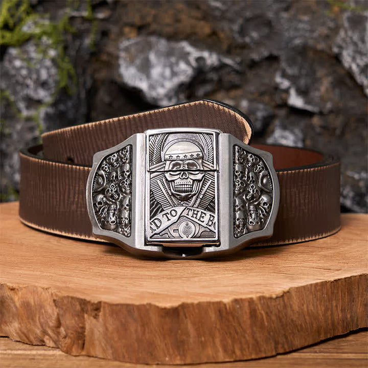 Cinturón de cuero con forma de calavera para hombre con encendedor oculto