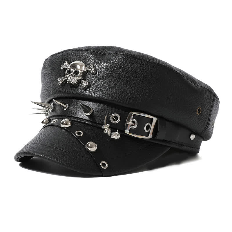Gorra estilo boina de cuero negro con remaches de calavera para mujer, estilo azul marino