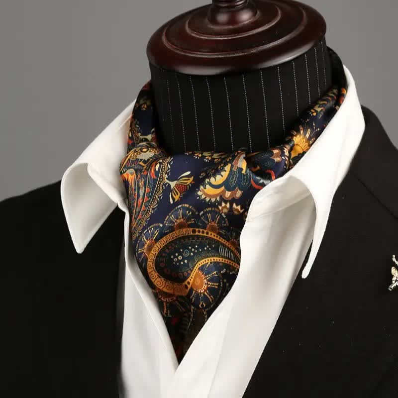 Bufanda larga y fina de seda reversible con diseño de cachemira en azul marino y dorado para hombre