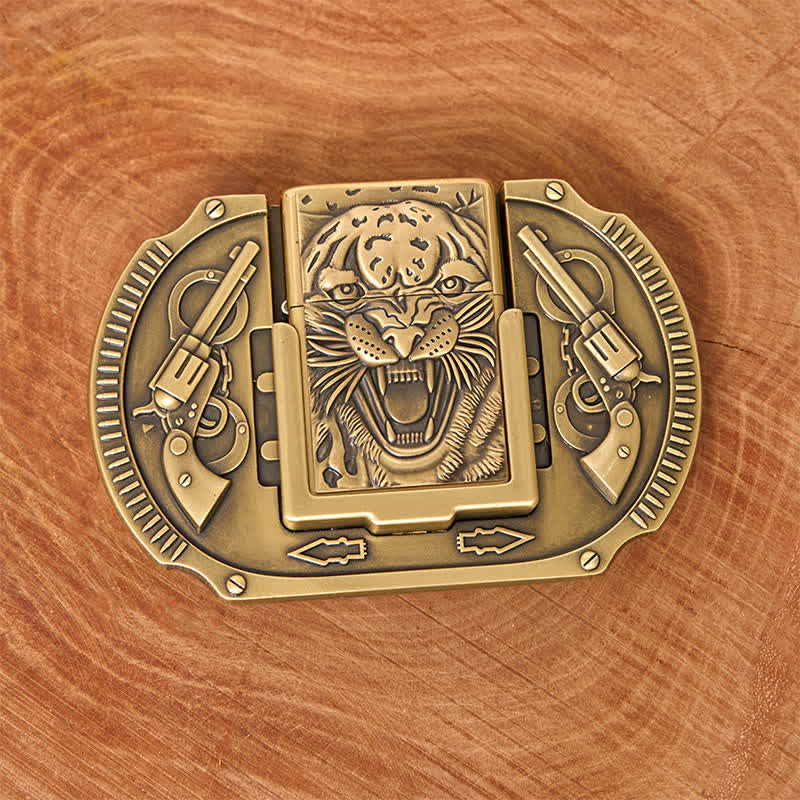 Cinturón de piel de tigre de bronce para hombre con encendedor oculto
