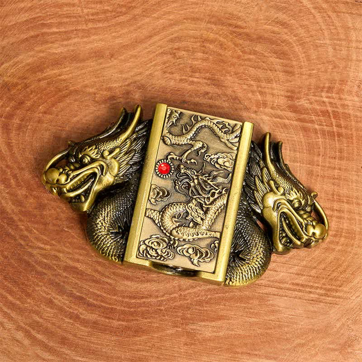 Cinturón de cuero con doble dragón de bronce para hombre, hecho a mano, con encendedor oculto