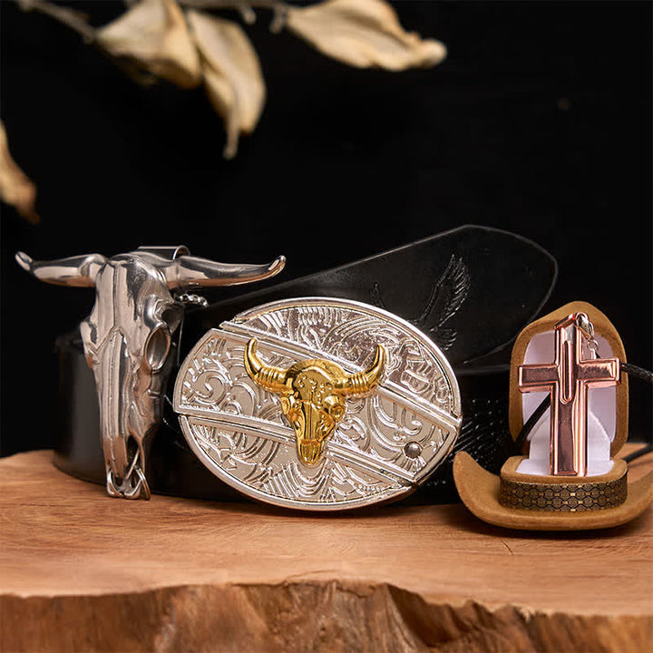 Conjunto de collar y hebilla de cinturón con cruz, cuchillo oculto y toro dorado y plateado - Toro de oro y plata - Cinturón de águila negra en relieve - 42 - image 3