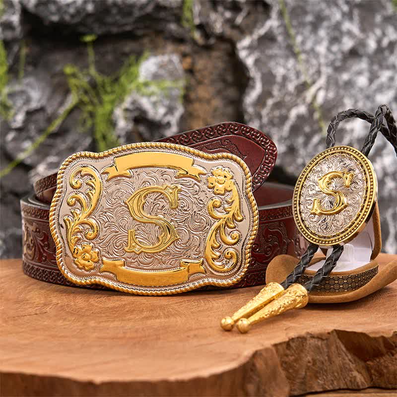 Conjunto de hebilla de cinturón grande con letra inicial, bricolaje, dorado, para corbata bolo - Manojo - Cinturón tallado marrón - 42 - image 7