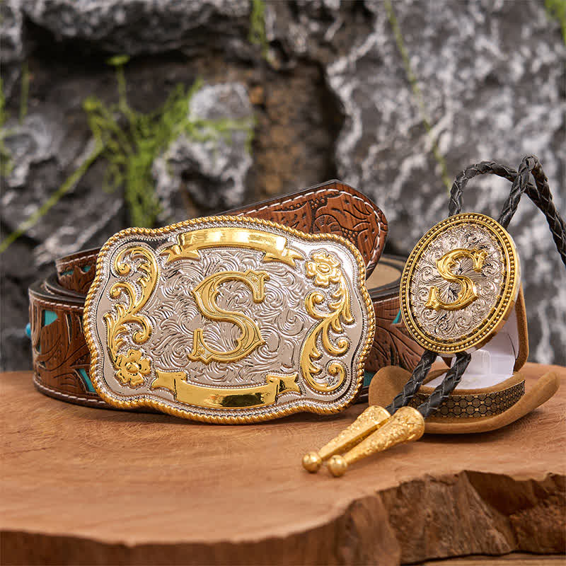 Conjunto de hebilla de cinturón grande con letra inicial, bricolaje, dorado, para corbata bolo - Manojo - Cinturón tallado en turquesa - 42 - image 1