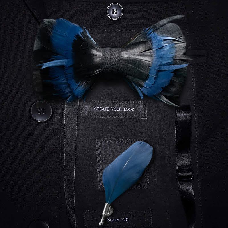 Pajarita con plumas en azul medianoche y negro y broche de solapa - Adulto - image 0