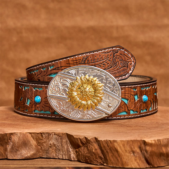 Cinturón de cuero con navaja plegable oculta con diseño de girasol dorado y plateado para hombre - Girasol - Cinturón tallado en turquesa - 42 - image 5