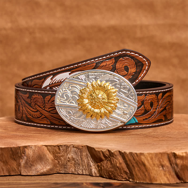 Cinturón de cuero con navaja plegable oculta con diseño de girasol dorado y plateado para hombre - Girasol - Cinturón de plumas marrones - 40 - image 8